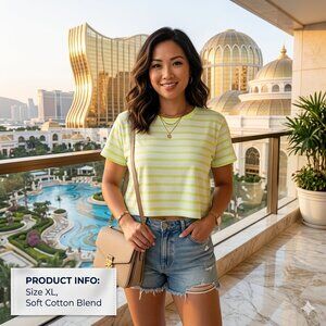 Old Navy Women Sz XL-XXL Cropped T-Shirt Striped Yellow/White Cotton Blend Comfy